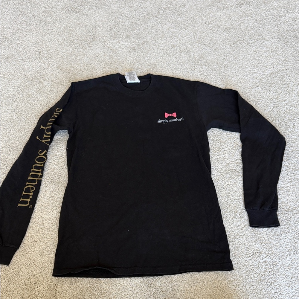 Simply Southern Black Long Sleeve Tee with Pink Bow and Gold Sleeve Script